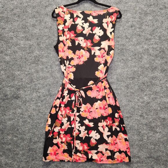 Dana Buchman Floral Dress Large Draped Neck Sleeveless Belted Black Pink Flowers - Picture 2 of 8